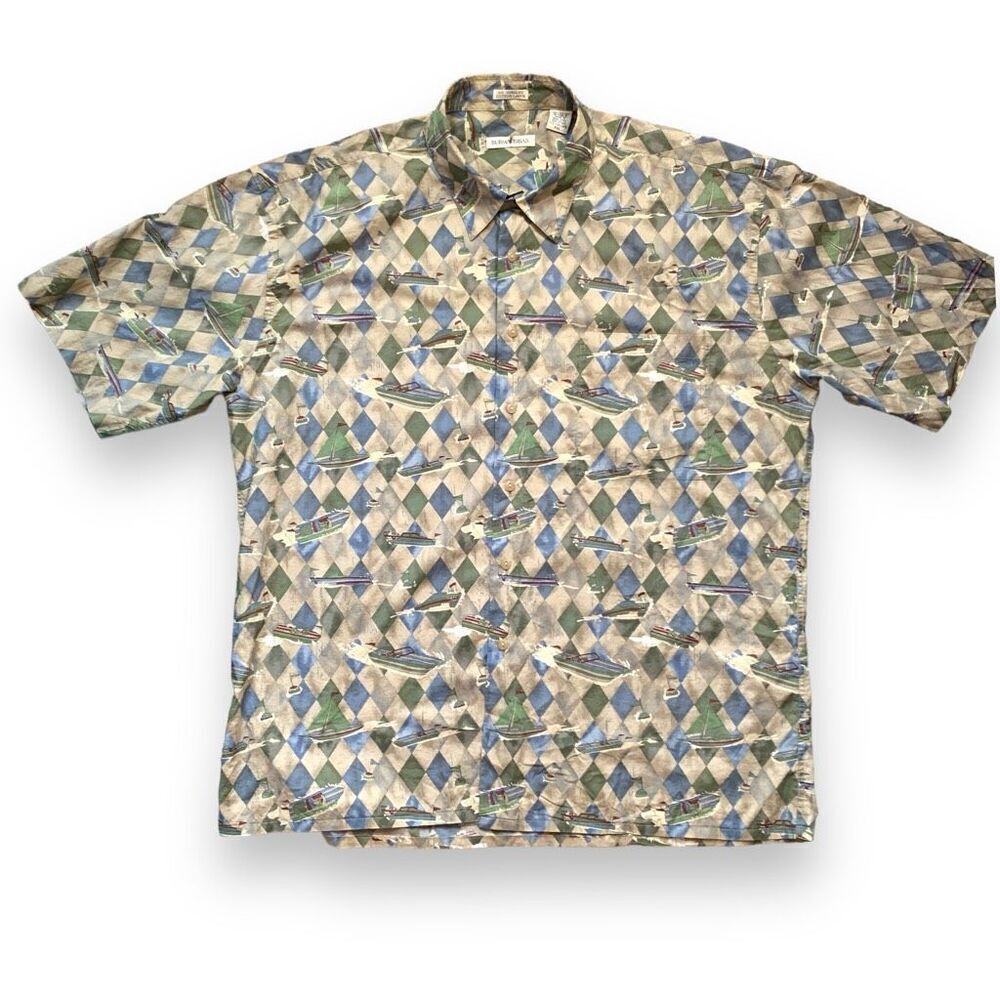 Vintage Burma Bibas Shirt‎ Tan Harlequin Pattern Speed Boat Printed Cotton Lawn